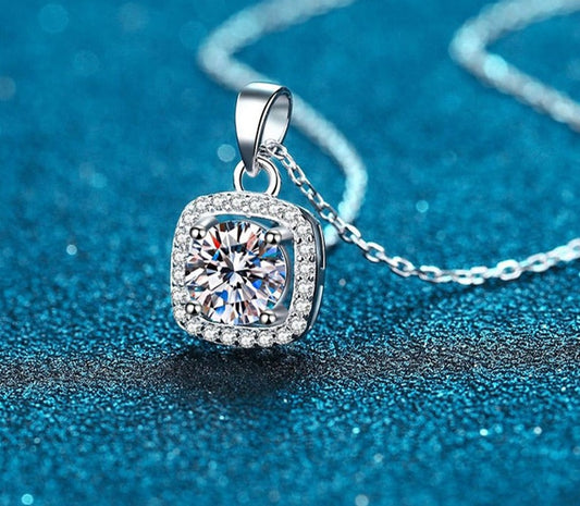1 Carat or 2 Carat Moissanite and Zircon Platinum Plated 925 Sterling Silver Pendant Necklace