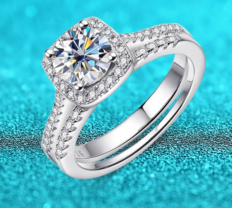 1 Carat Moissanite and Zircon Platinum Plated 925 Sterling Silver Bridal 2 Piece Set