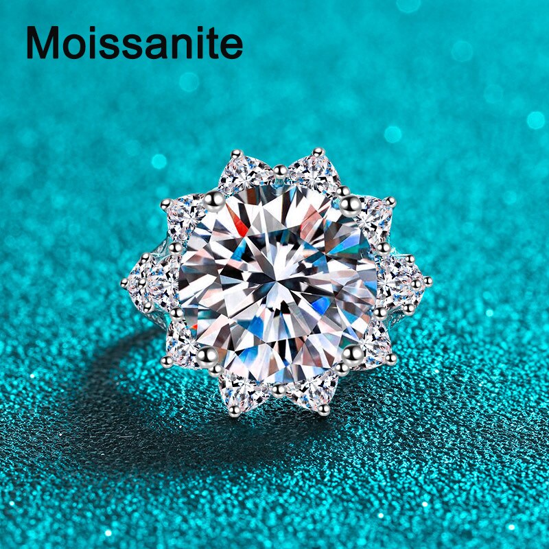 10 Carat Moissanite D Color VVS1 Zircon Accent Platinum Plated 925 Sterling Silver Flower Top Ring