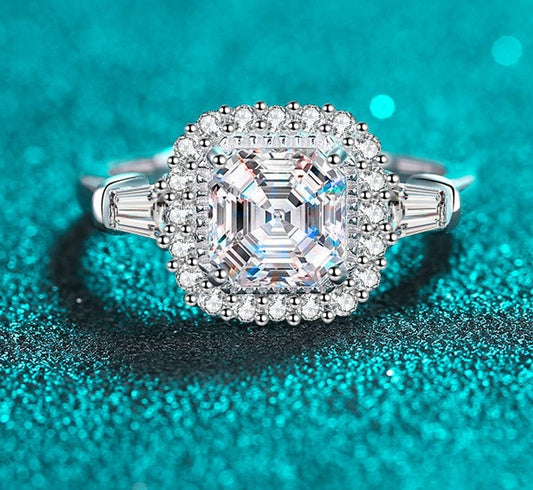 2 Carat Asscher Cut Moissanite and Zircon Accent 18K Gold Plated 925 Sterling Ring