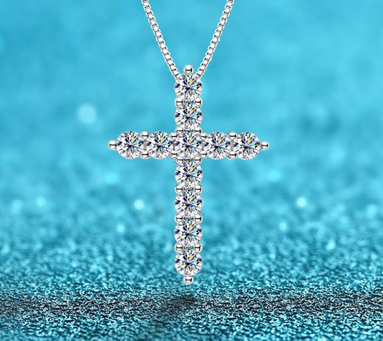 3.3 Carat Total Moissanite D Color VVS1 18K White Gold Plated 925 Sterling Silver Cross Pendant Necklace