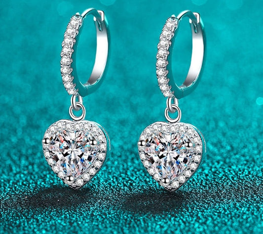 2 Carat Total Moissanite and Zircon 18K White Gold Plated 925 Sterling Silver Heart Drop Earrings