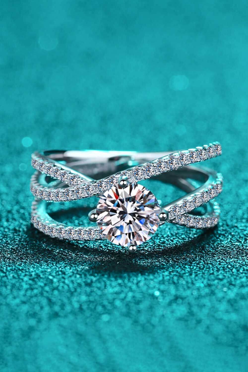 1 Carat Moissanite Rhodium Plated 925 Sterling Silver Crisscross Ring