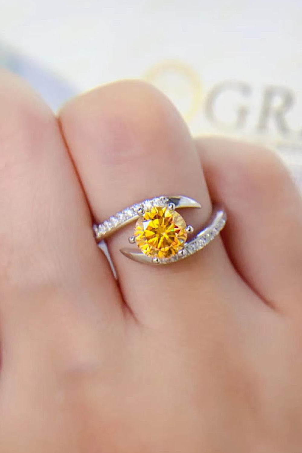 1 Carat Yellow Moissanite and Zircon Platinum Plated 925 Sterling Silver Ring