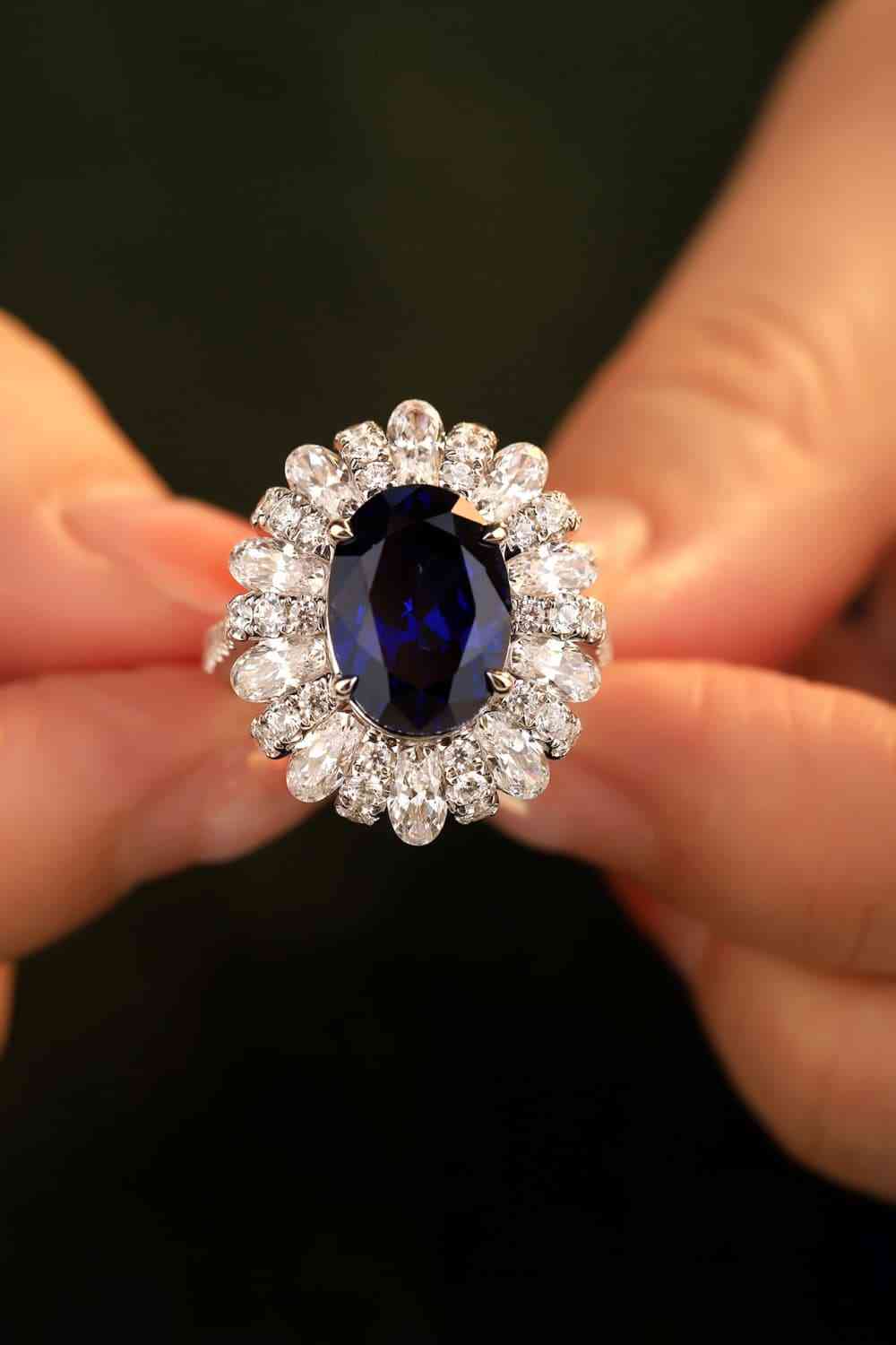 5 Carats Lab-Grown Sapphire and Zircon Platinum Plated 925 Sterling Silver Flower Shape Ring