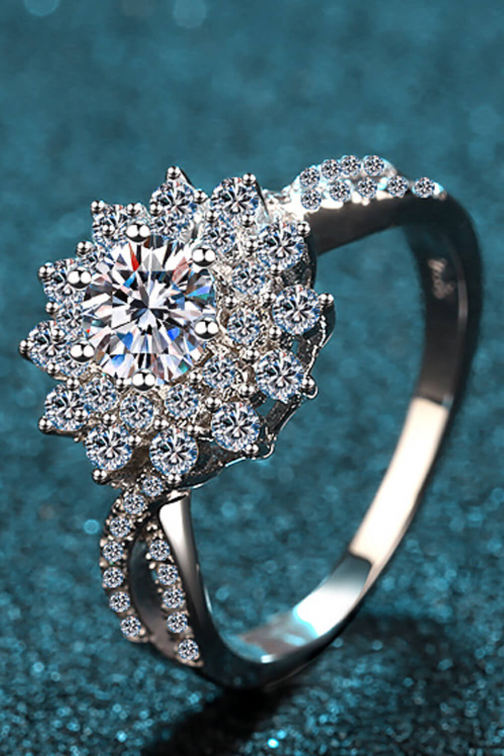 0.5 Carat Moissanite and Zircon Accent Platinum Plated 925 Sterling Flower-Shape Split Shank Ring