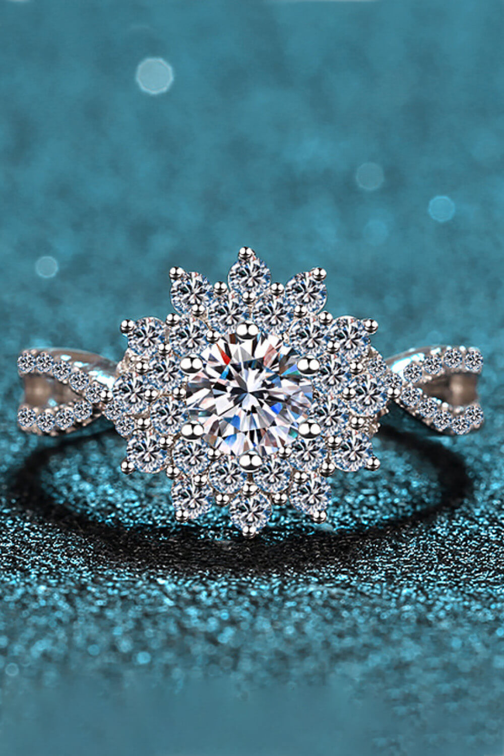 0.5 Carat Moissanite and Zircon Accent Platinum Plated 925 Sterling Flower-Shape Split Shank Ring