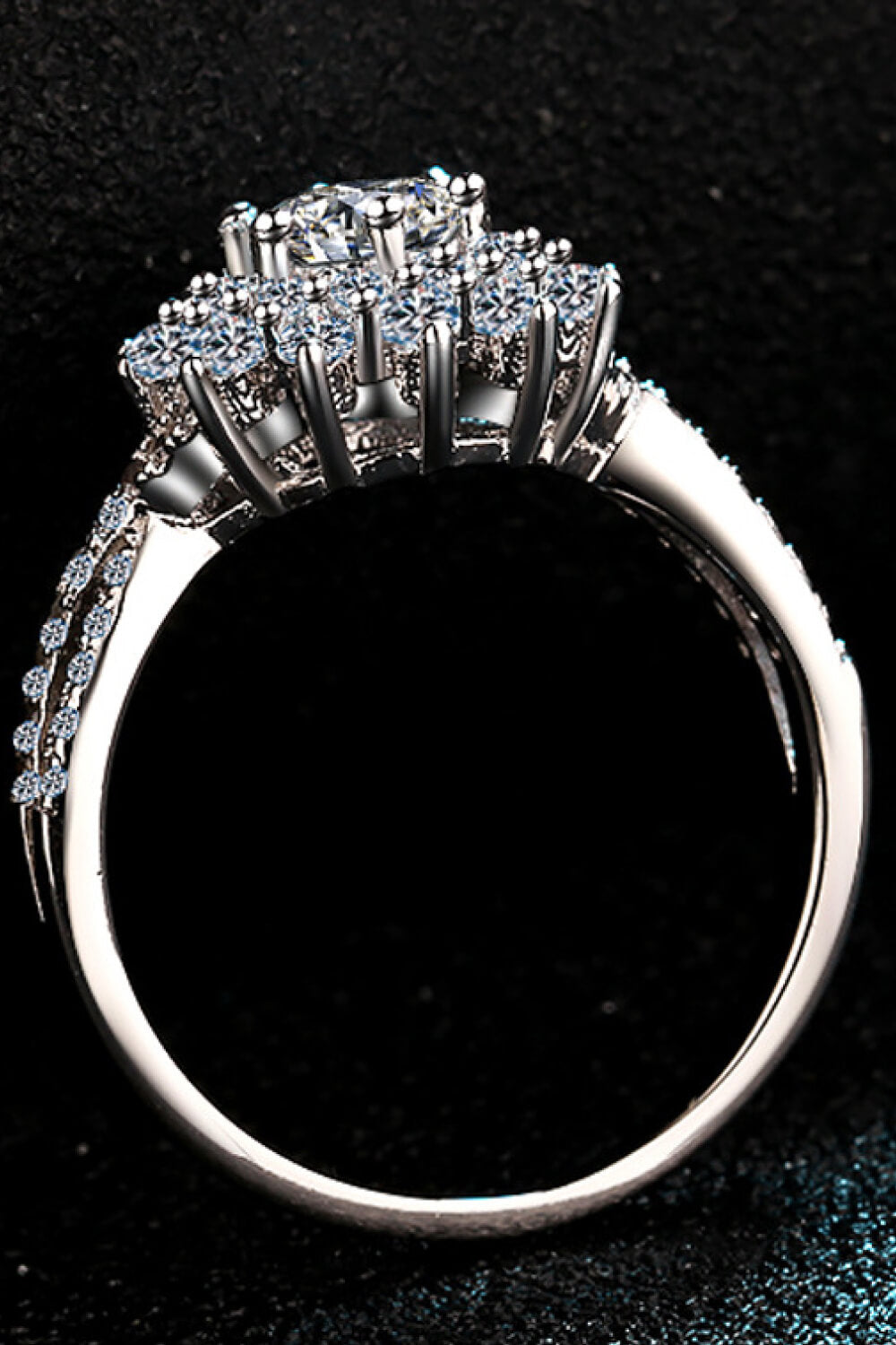 0.5 Carat Moissanite and Zircon Accent Platinum Plated 925 Sterling Flower-Shape Split Shank Ring