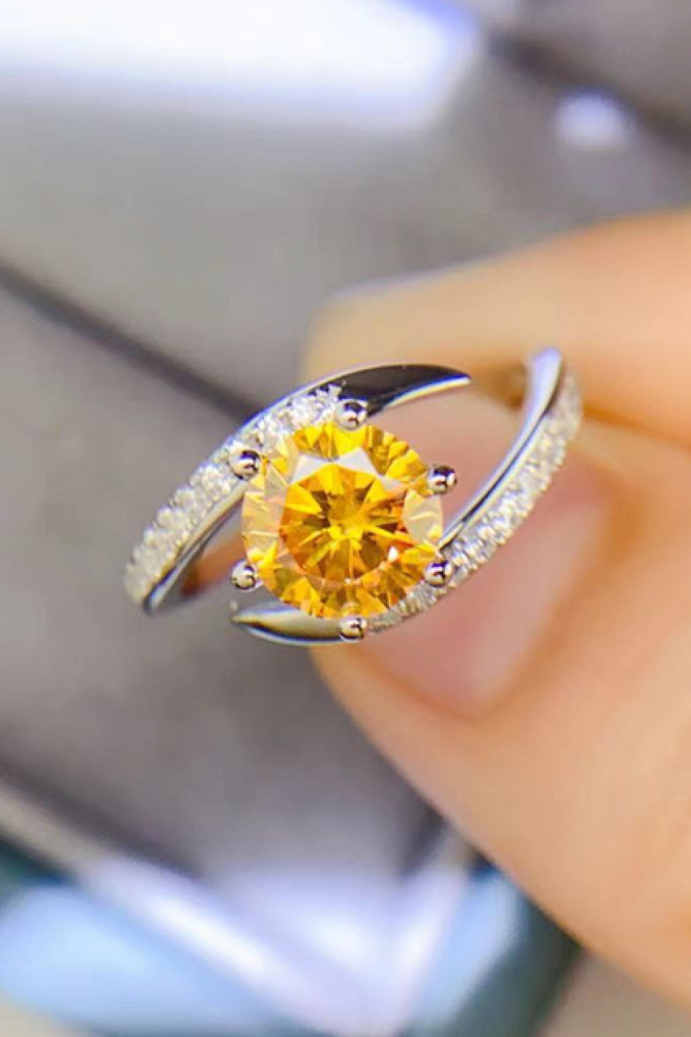 1 Carat Yellow Moissanite and Zircon Platinum Plated 925 Sterling Silver Ring