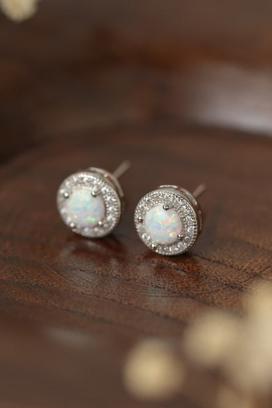 Australian Opal 4 Prong Platinum Plated 925 Sterling Silver Stud Earrings