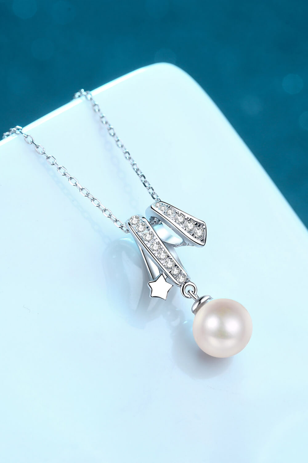 0.24 Carat Moissanite and Pearl Rhodium Plated 925 Sterling Silver Necklace