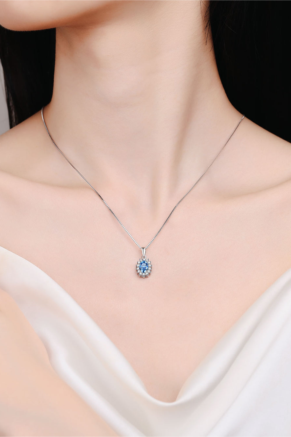 1 Carat Sky Blue Moissanite and Zircon Accent Rhodium Plated 925 Sterling Silver Necklace