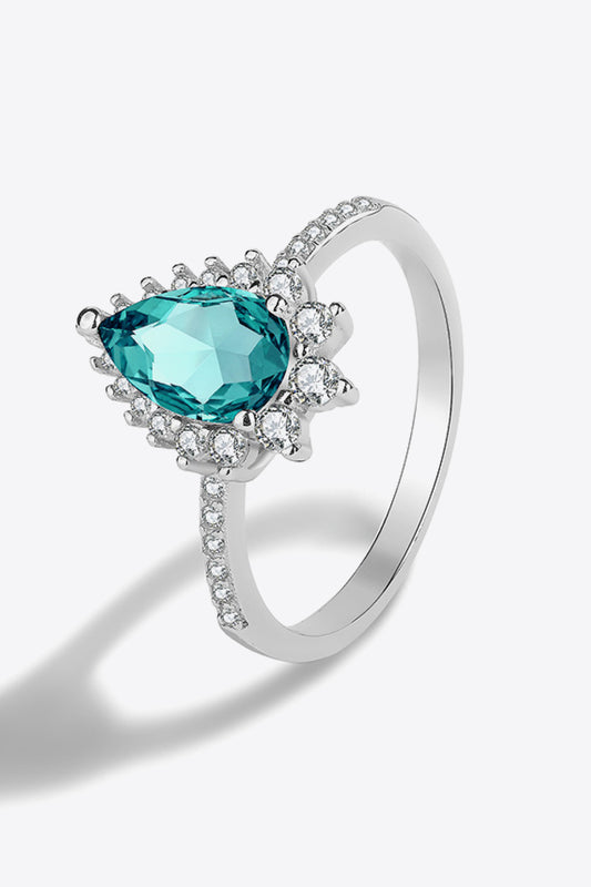 Pear Shaped Paraiba Tourmaline and White Zircon Platinum Plated 925 Sterling Silver Ring